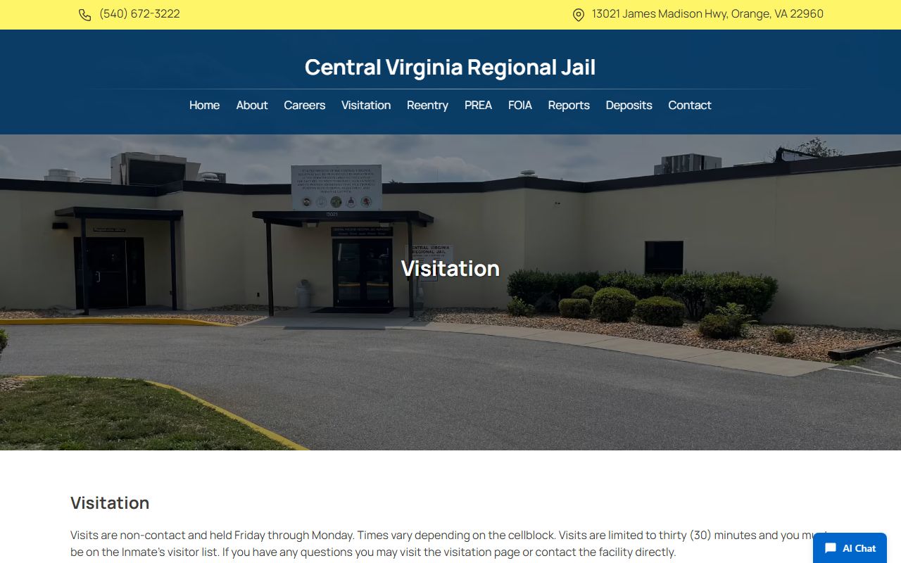 Central Virginia Regional Jail visitation rules for Culpeper County inmates