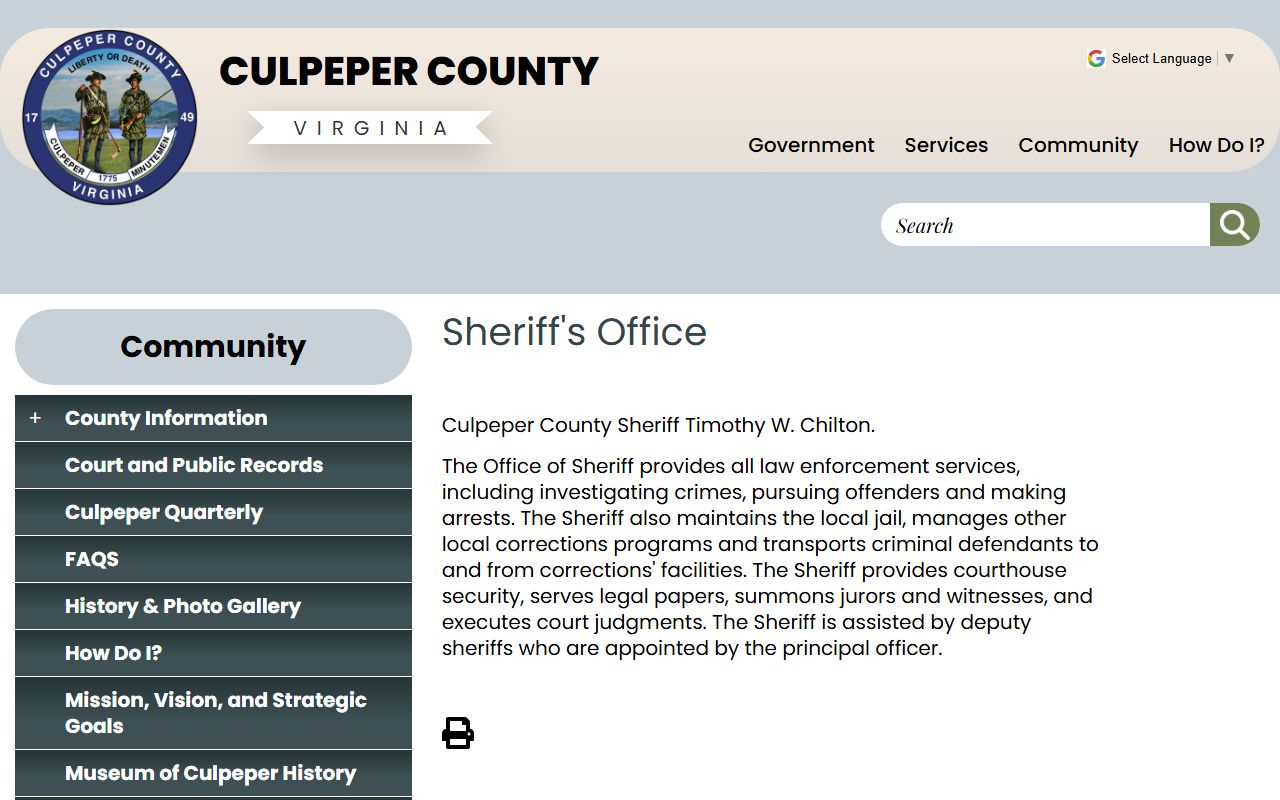 Culpeper County Jail custody record source from county sheriff summary