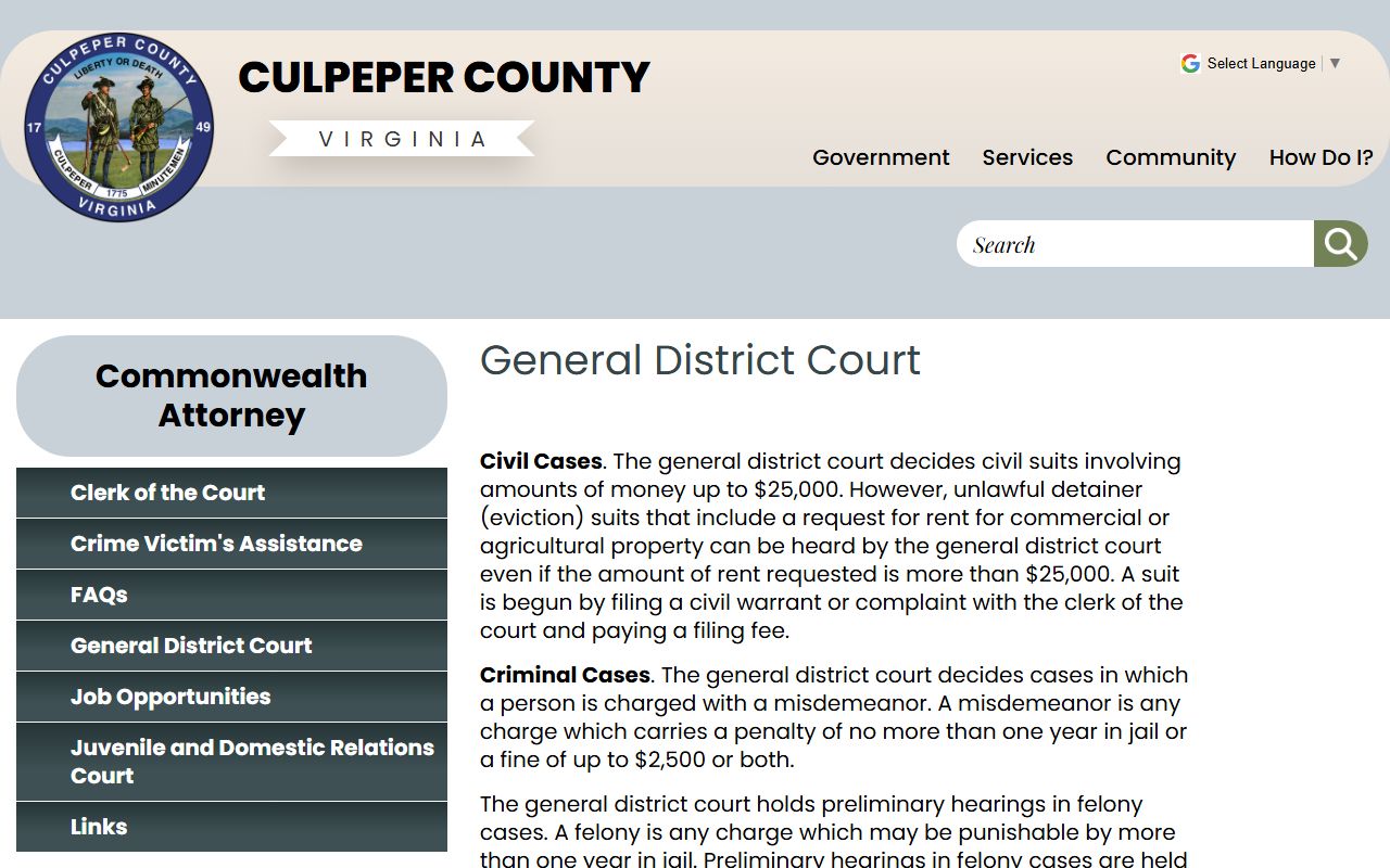 Culpeper County court records after arrest General District Court lookup page