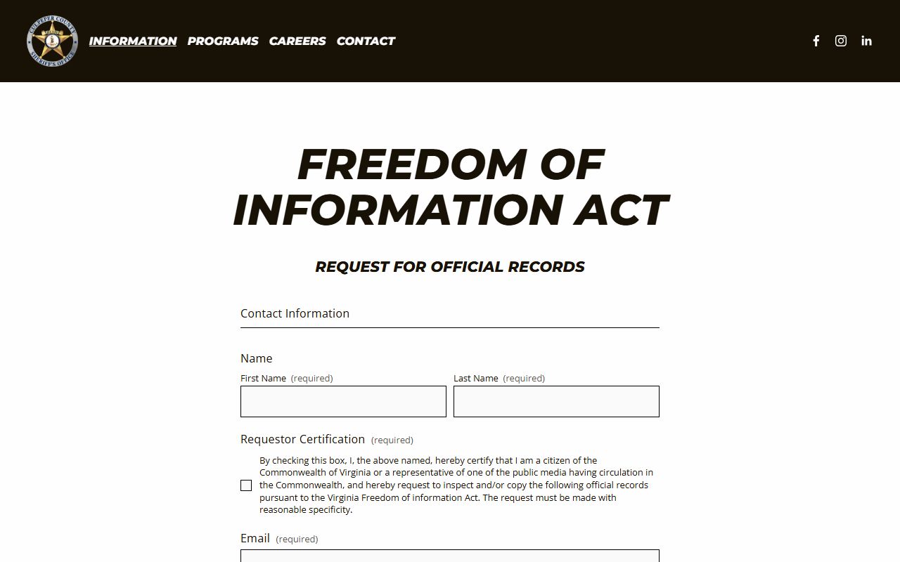 Culpeper County jail mugshots FOIA request page for booking photos